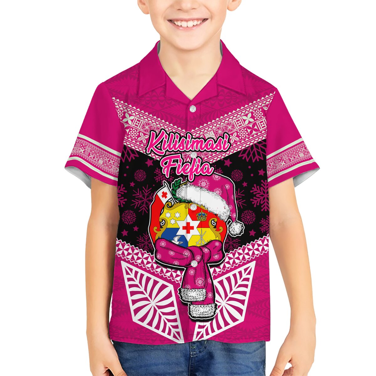 Tonga Christmas Hawaiian Shirt Tongan Coat of Arms Santa With Ngatu Pattern Christmas Pink Style LT03 - Polynesian Pride