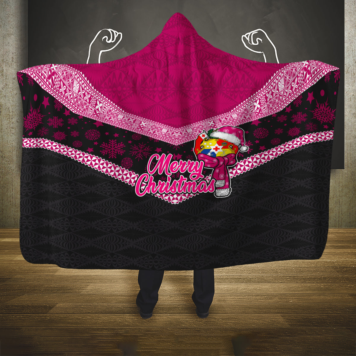 Tonga Christmas Hooded Blanket Tongan Coat of Arms Santa With Ngatu Pattern Christmas Pink Style LT03 One Size Pink - Polynesian Pride