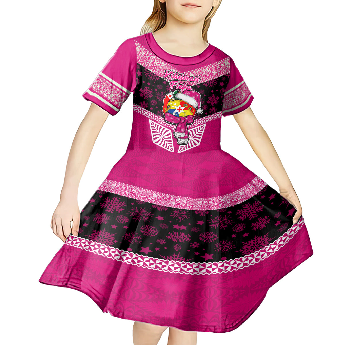 Tonga Christmas Kid Short Sleeve Dress Tongan Coat of Arms Santa With Ngatu Pattern Christmas Pink Style LT03 - Polynesian Pride