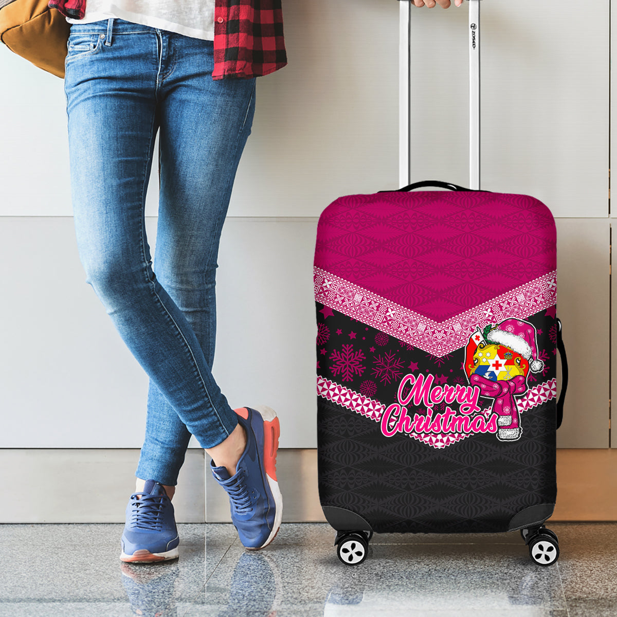 Tonga Christmas Luggage Cover Tongan Coat of Arms Santa With Ngatu Pattern Christmas Pink Style LT03 - Polynesian Pride