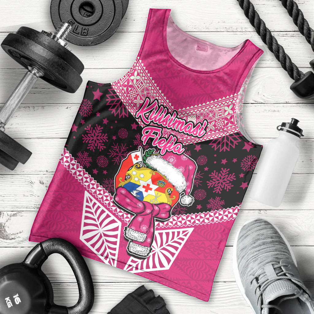 Tonga Christmas Men Tank Top Tongan Coat of Arms Santa With Ngatu Pattern Christmas Pink Style LT03 Pink - Polynesian Pride