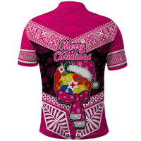 Tonga Christmas Polo Shirt Tongan Coat of Arms Santa With Ngatu Pattern Christmas Pink Style LT03 - Polynesian Pride