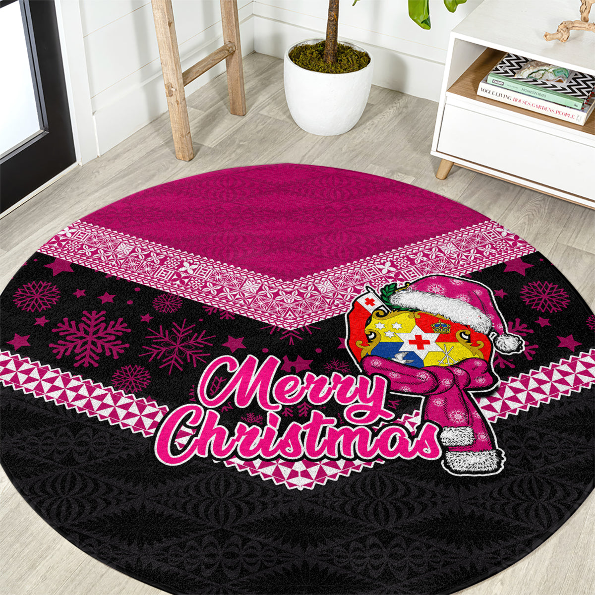 Tonga Christmas Round Carpet Tongan Coat of Arms Santa With Ngatu Pattern Christmas Pink Style LT03 Pink - Polynesian Pride