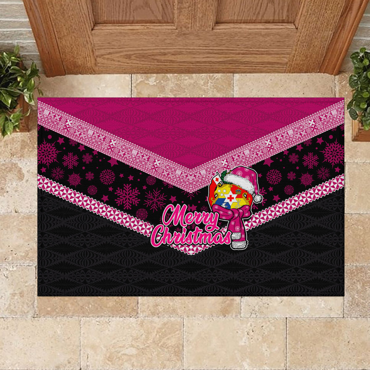 Tonga Christmas Rubber Doormat Tongan Coat of Arms Santa With Ngatu Pattern Christmas Pink Style LT03 - Polynesian Pride
