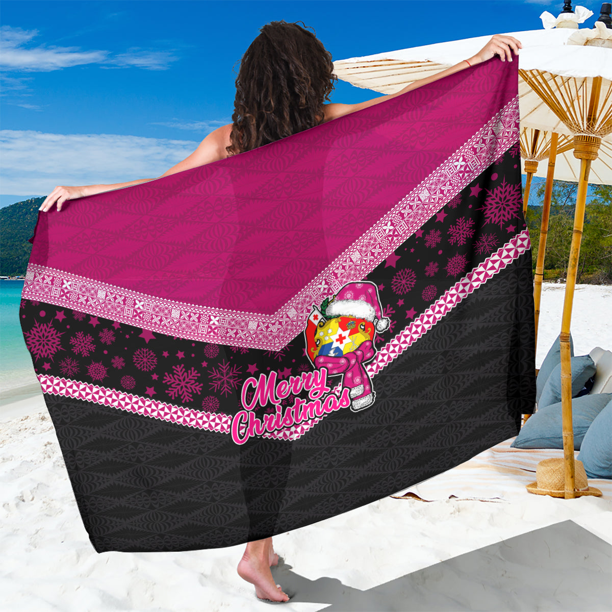 Tonga Christmas Sarong Tongan Coat of Arms Santa With Ngatu Pattern Christmas Pink Style LT03 One Size 44 x 66 inches Pink - Polynesian Pride