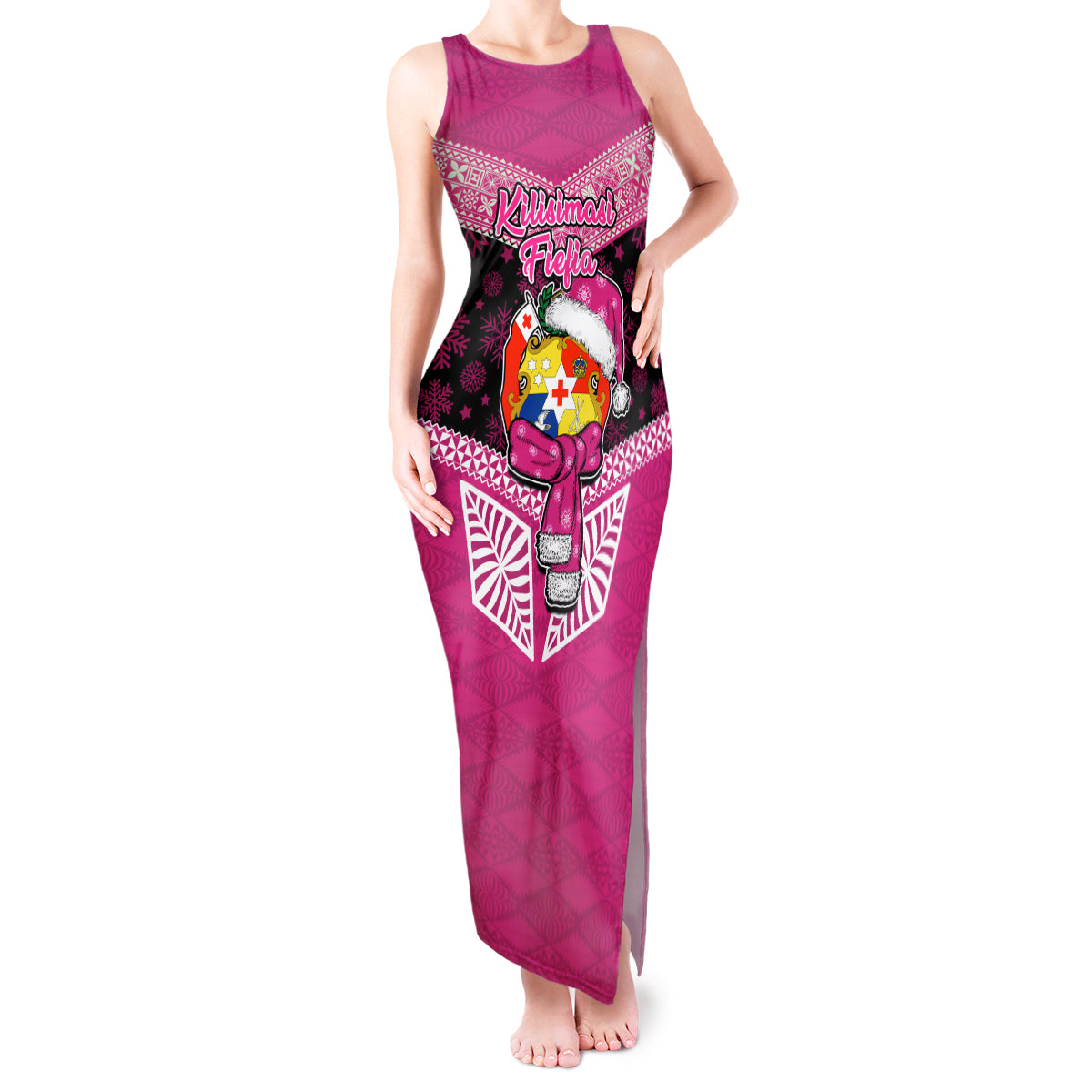 Tonga Christmas Tank Maxi Dress Tongan Coat of Arms Santa With Ngatu Pattern Christmas Pink Style LT03 Women Pink - Polynesian Pride