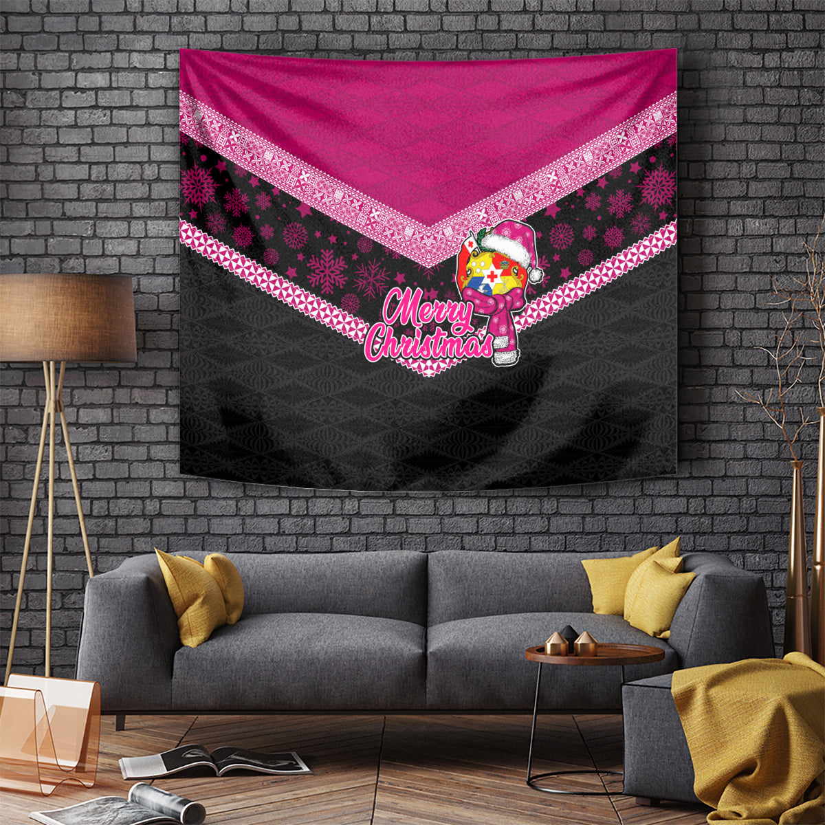 Tonga Christmas Tapestry Tongan Coat of Arms Santa With Ngatu Pattern Christmas Pink Style LT03 Pink - Polynesian Pride