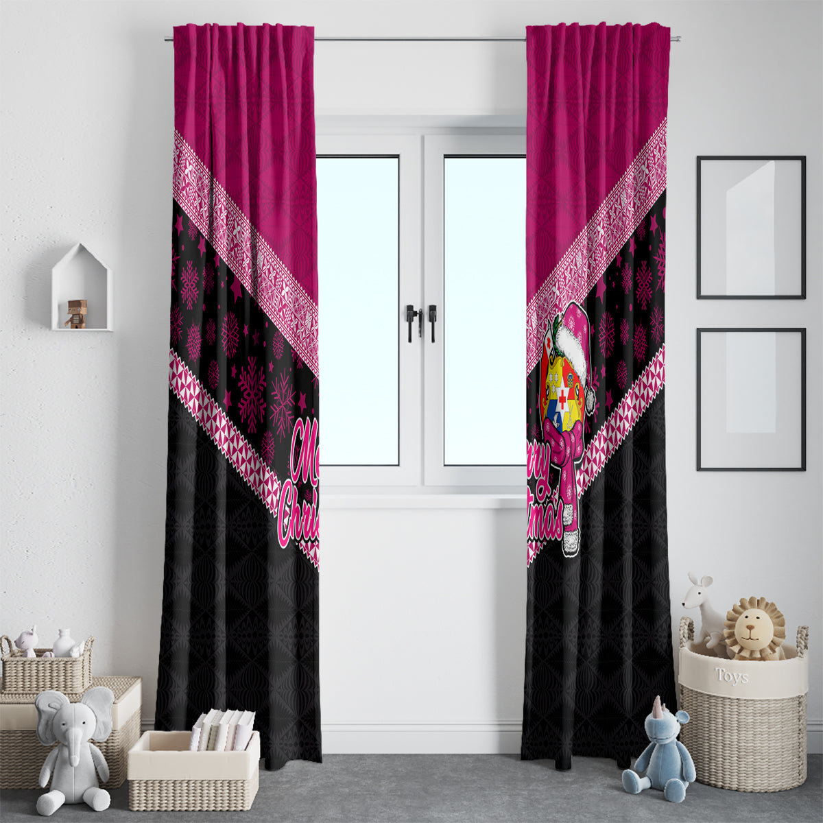 Tonga Christmas Window Curtain Tongan Coat of Arms Santa With Ngatu Pattern Christmas Pink Style LT03 - Polynesian Pride
