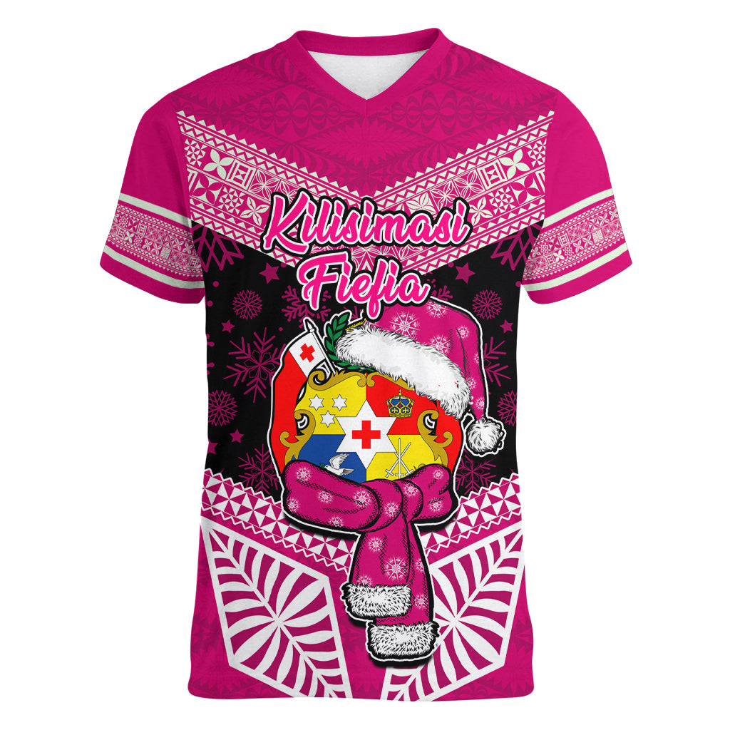 Tonga Christmas Women V Neck T Shirt Tongan Coat of Arms Santa With Ngatu Pattern Christmas Pink Style LT03 Female Pink - Polynesian Pride