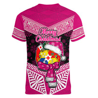 Tonga Christmas Women V Neck T Shirt Tongan Coat of Arms Santa With Ngatu Pattern Christmas Pink Style LT03 - Polynesian Pride