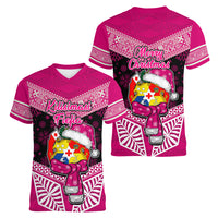 Tonga Christmas Women V Neck T Shirt Tongan Coat of Arms Santa With Ngatu Pattern Christmas Pink Style LT03 - Polynesian Pride