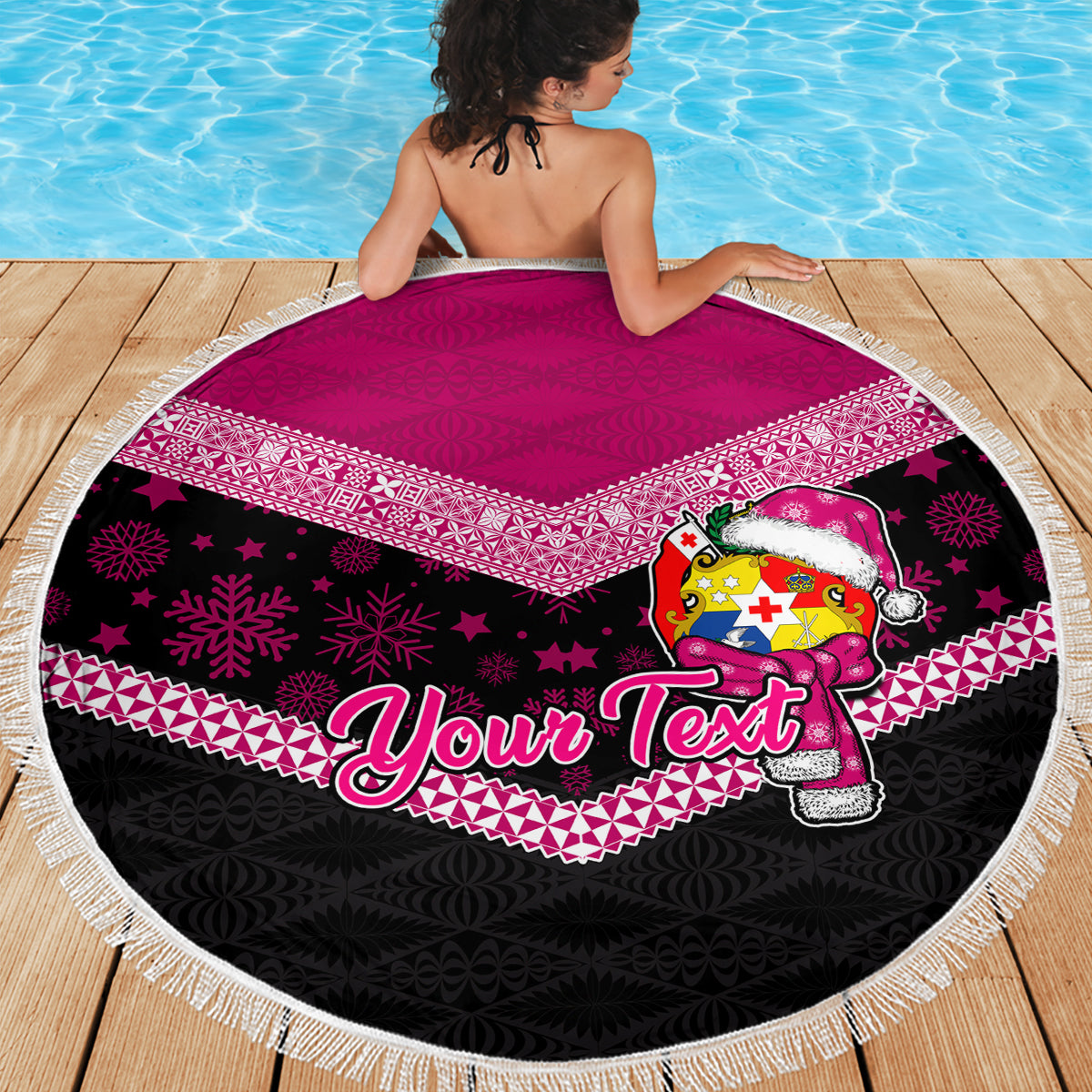 Personalised Tonga Christmas Beach Blanket Tongan Coat of Arms Santa With Ngatu Pattern Christmas Pink Style LT03 - Wonder Print Shop