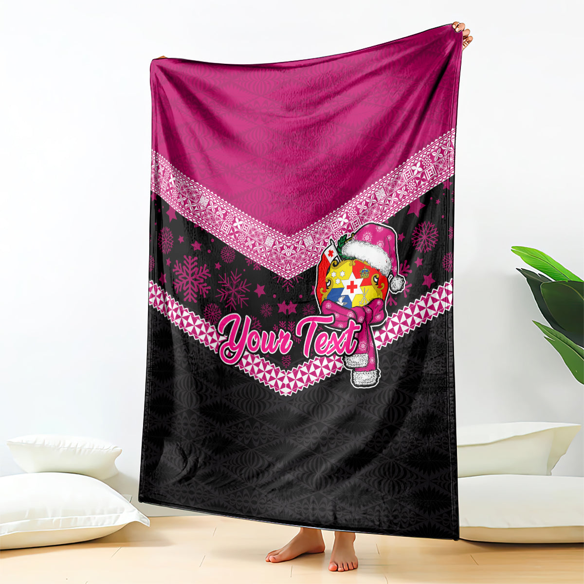 Personalised Tonga Christmas Blanket Tongan Coat of Arms Santa With Ngatu Pattern Christmas Pink Style LT03 Pink - Polynesian Pride