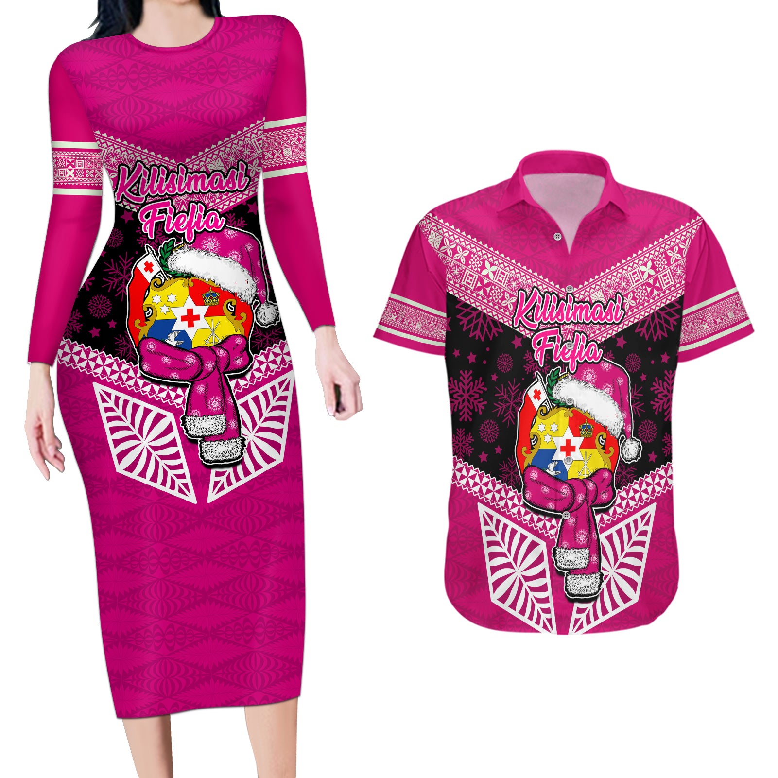 Personalised Tonga Christmas Couples Matching Long Sleeve Bodycon Dress and Hawaiian Shirt Tongan Coat of Arms Santa With Ngatu Pattern Christmas Pink Style LT03 Pink - Polynesian Pride