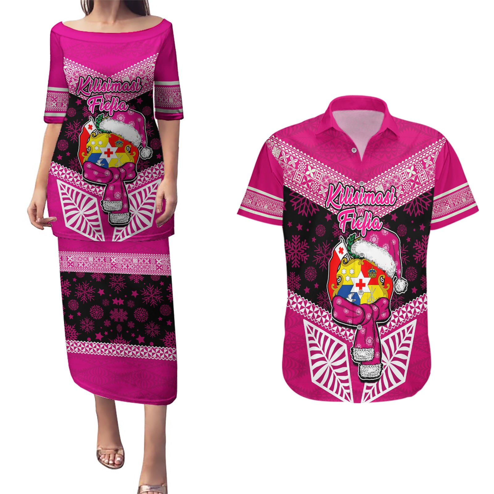 Personalised Tonga Christmas Couples Matching Puletasi Dress and Hawaiian Shirt Tongan Coat of Arms Santa With Ngatu Pattern Christmas Pink Style LT03 Pink - Polynesian Pride