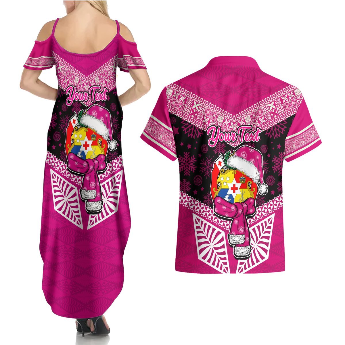 Personalised Tonga Christmas Couples Matching Summer Maxi Dress and Hawaiian Shirt Tongan Coat of Arms Santa With Ngatu Pattern Christmas Pink Style LT03 - Polynesian Pride
