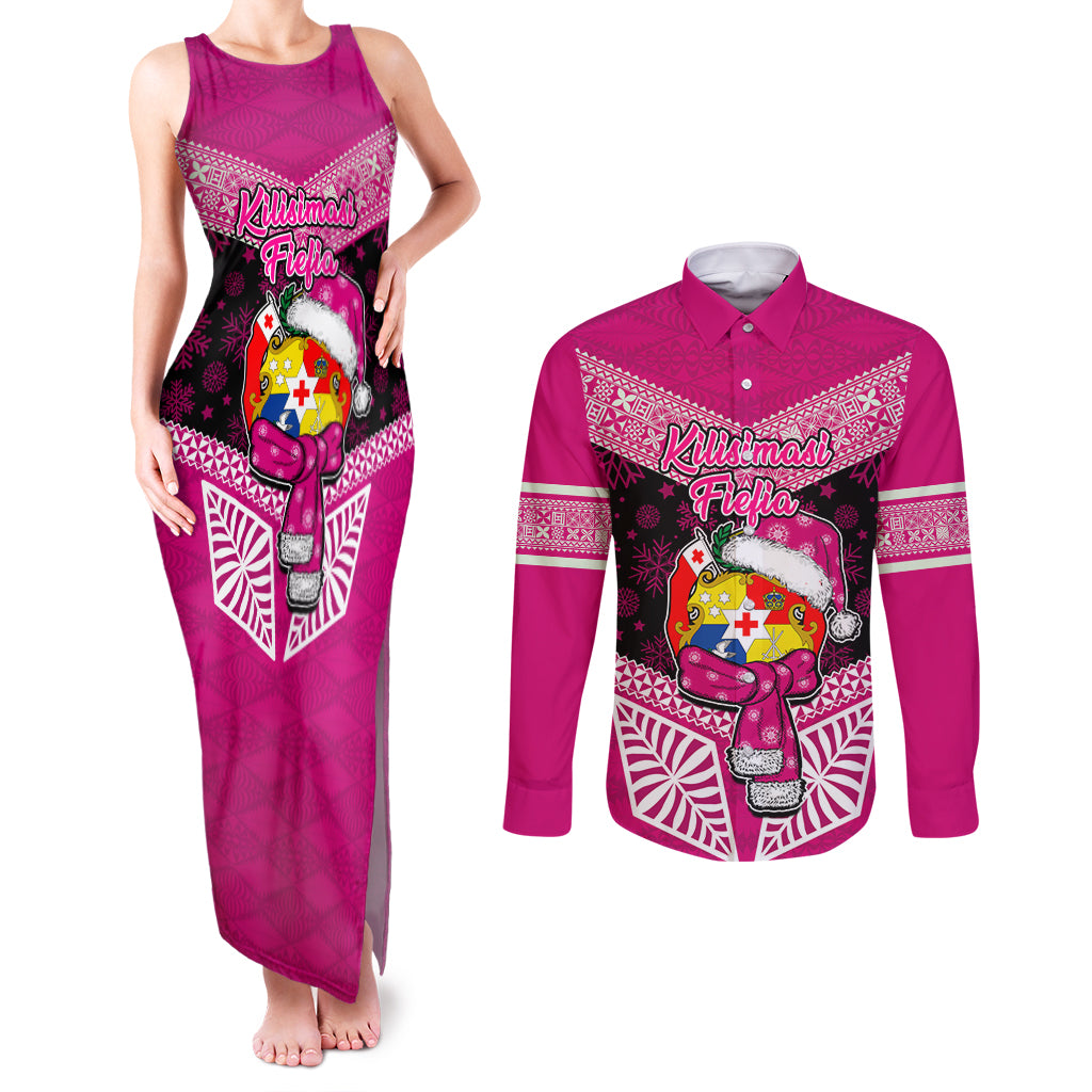 Personalised Tonga Christmas Couples Matching Tank Maxi Dress and Long Sleeve Button Shirts Tongan Coat of Arms Santa With Ngatu Pattern Christmas Pink Style LT03 Pink - Polynesian Pride