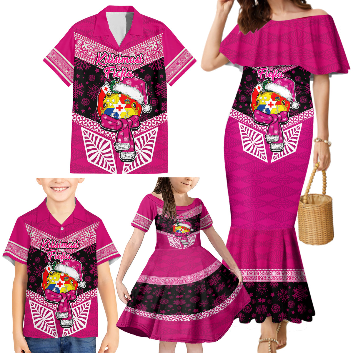 Personalised Tonga Christmas Family Matching Mermaid Dress and Hawaiian Shirt Tongan Coat of Arms Santa With Ngatu Pattern Christmas Pink Style LT03 - Polynesian Pride