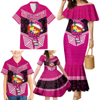 Personalised Tonga Christmas Family Matching Mermaid Dress and Hawaiian Shirt Tongan Coat of Arms Santa With Ngatu Pattern Christmas Pink Style LT03 - Polynesian Pride