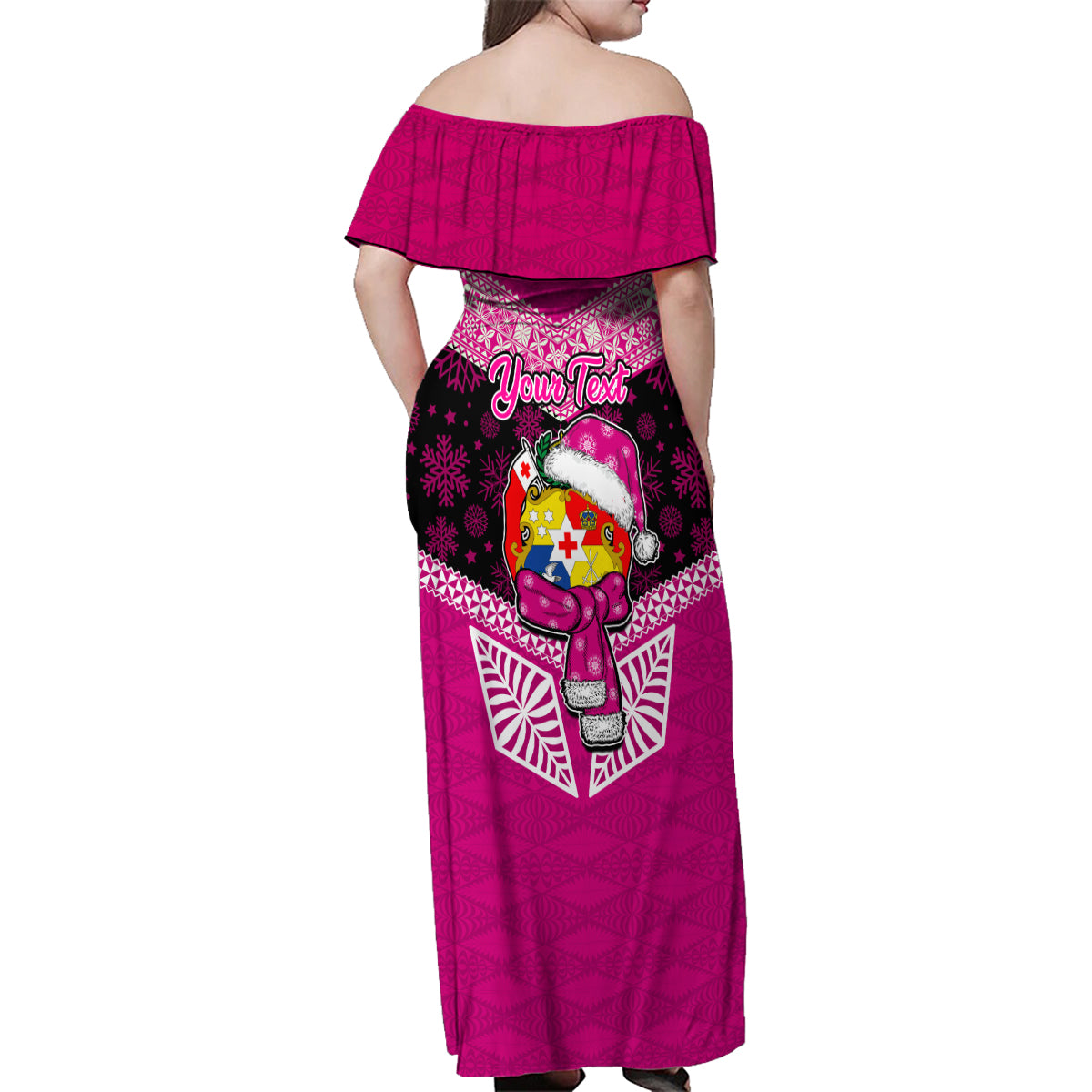 Personalised Tonga Christmas Family Matching Off Shoulder Maxi Dress and Hawaiian Shirt Tongan Coat of Arms Santa With Ngatu Pattern Christmas Pink Style LT03 - Polynesian Pride