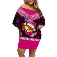 Personalised Tonga Christmas Family Matching Off Shoulder Short Dress and Hawaiian Shirt Tongan Coat of Arms Santa With Ngatu Pattern Christmas Pink Style LT03 Mom's Dress Pink - Polynesian Pride