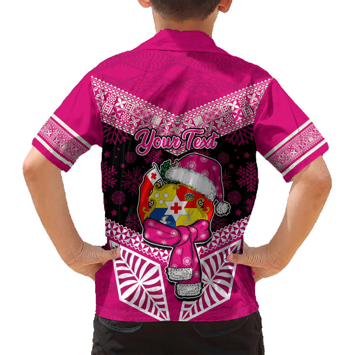 Personalised Tonga Christmas Family Matching Short Sleeve Bodycon Dress and Hawaiian Shirt Tongan Coat of Arms Santa With Ngatu Pattern Christmas Pink Style LT03 - Polynesian Pride