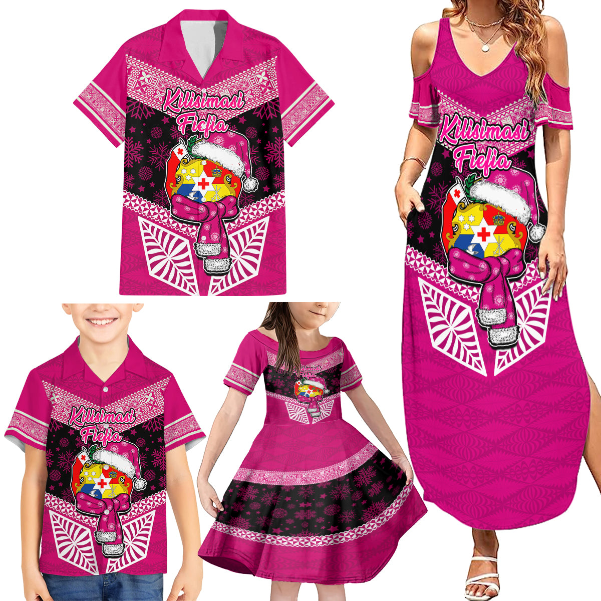 Personalised Tonga Christmas Family Matching Summer Maxi Dress and Hawaiian Shirt Tongan Coat of Arms Santa With Ngatu Pattern Christmas Pink Style LT03 - Polynesian Pride