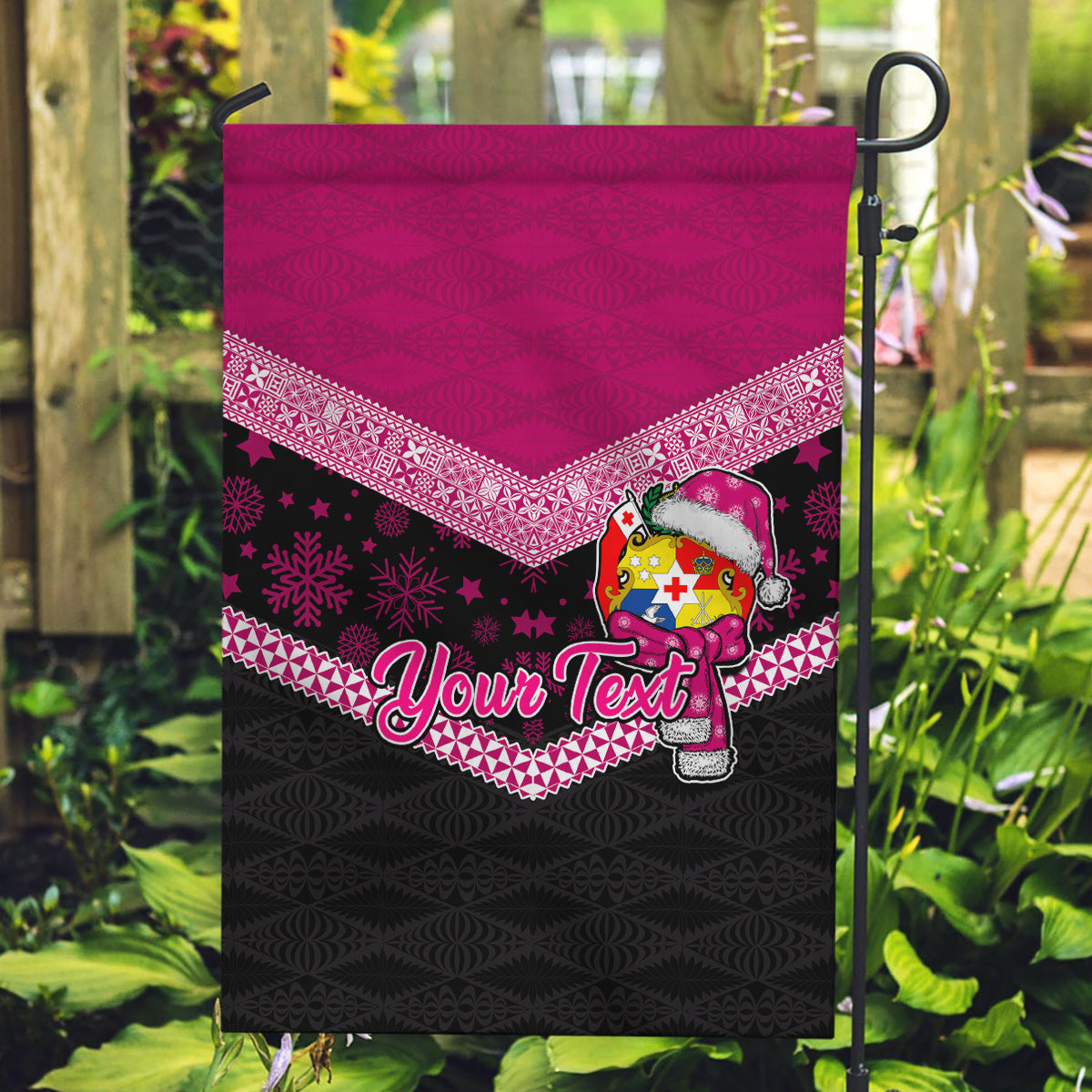 Personalised Tonga Christmas Garden Flag Tongan Coat of Arms Santa With Ngatu Pattern Christmas Pink Style LT03 Garden Flag Pink - Polynesian Pride