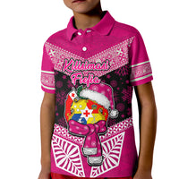 Personalised Tonga Christmas Kid Polo Shirt Tongan Coat of Arms Santa With Ngatu Pattern Christmas Pink Style LT03 Kid Pink - Polynesian Pride