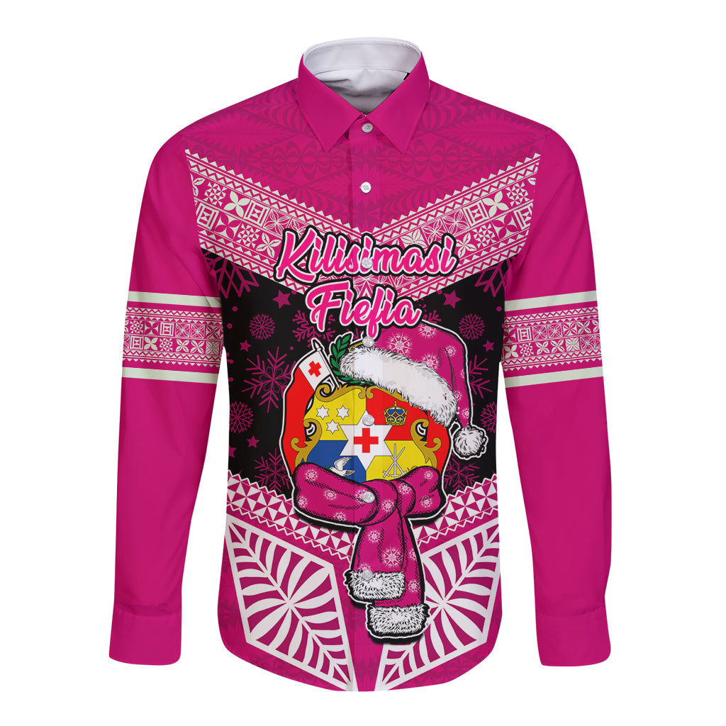 Personalised Tonga Christmas Long Sleeve Button Shirt Tongan Coat of Arms Santa With Ngatu Pattern Christmas Pink Style LT03 Unisex Pink - Polynesian Pride