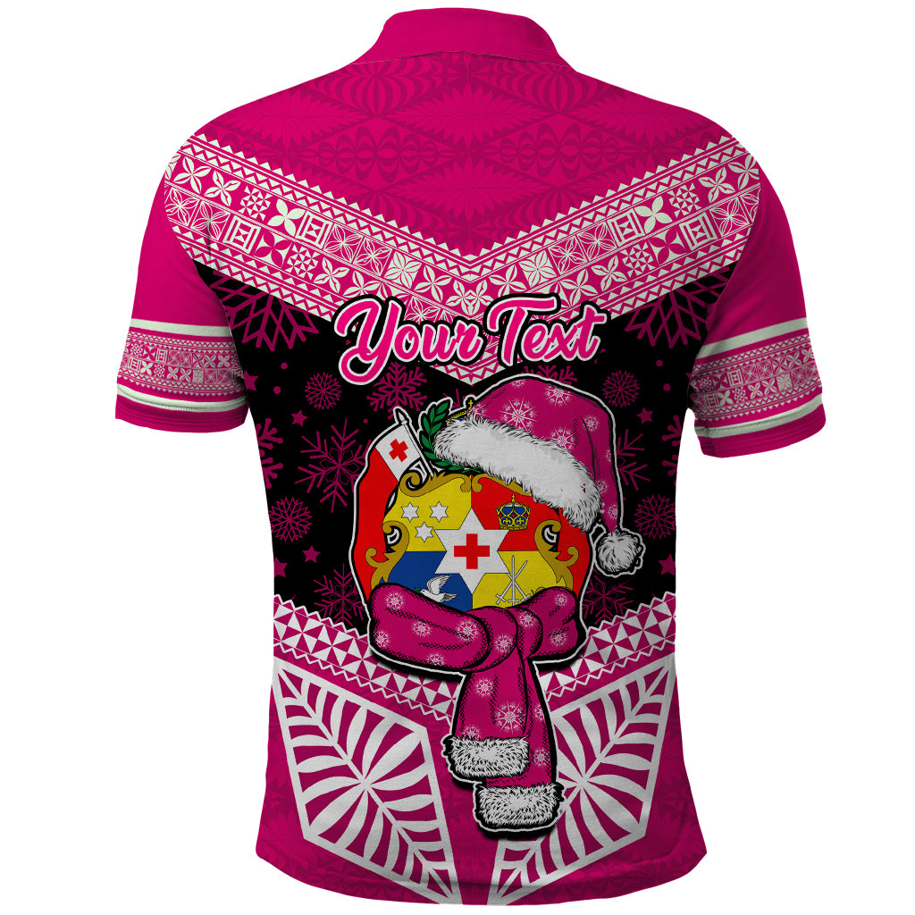 Personalised Tonga Christmas Polo Shirt Tongan Coat of Arms Santa With Ngatu Pattern Christmas Pink Style LT03 - Polynesian Pride