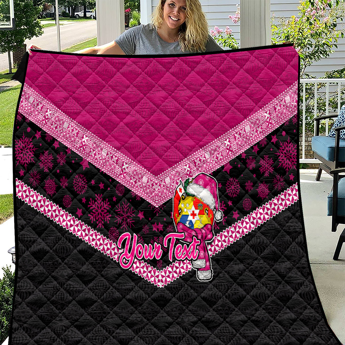 Personalised Tonga Christmas Quilt Tongan Coat of Arms Santa With Ngatu Pattern Christmas Pink Style LT03 Pink - Polynesian Pride