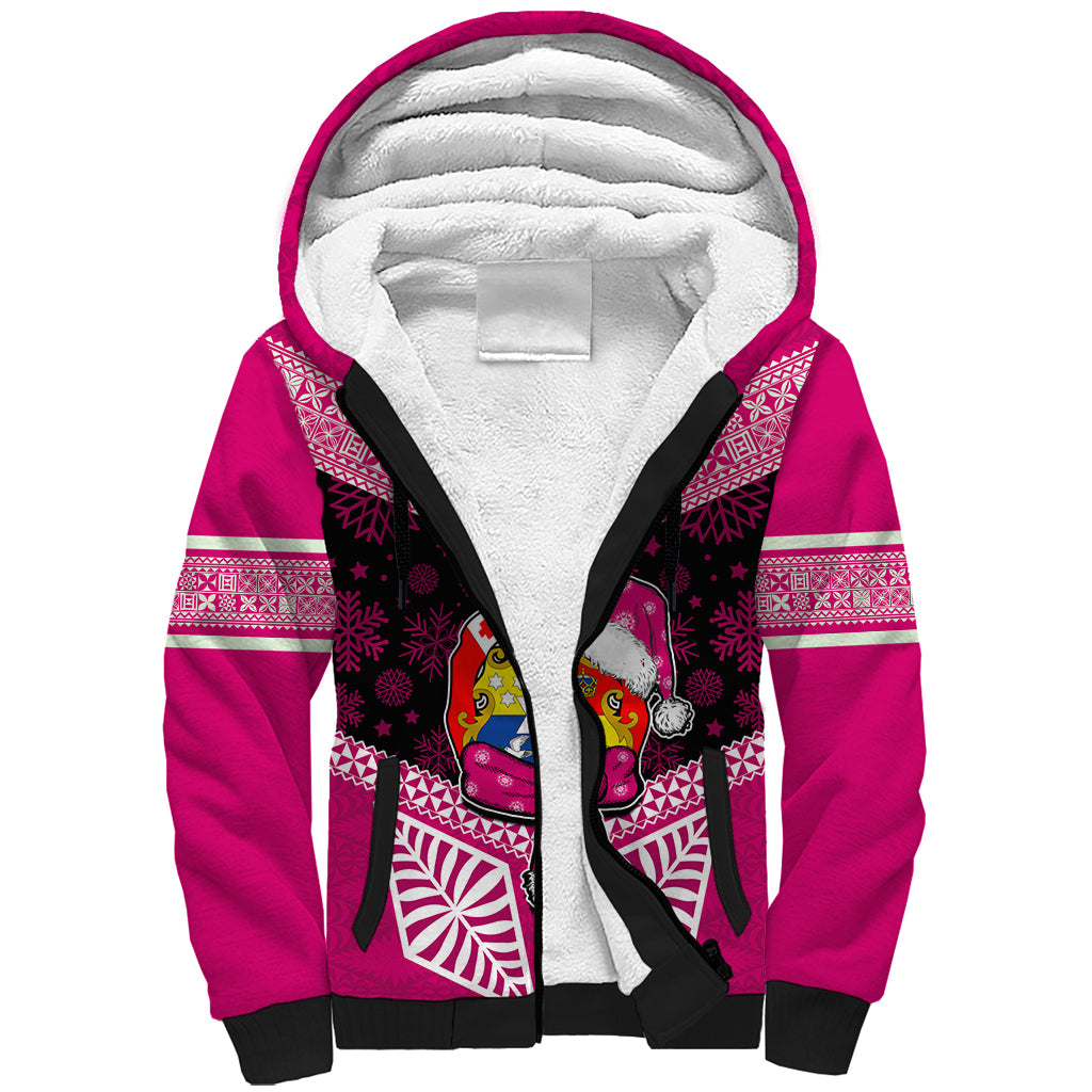 Personalised Tonga Christmas Sherpa Hoodie Tongan Coat of Arms Santa With Ngatu Pattern Christmas Pink Style LT03 Unisex Pink - Polynesian Pride