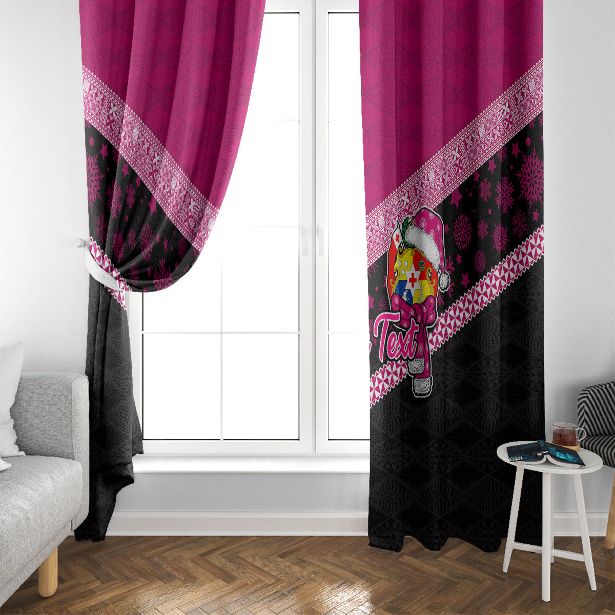 Personalised Tonga Christmas Window Curtain Tongan Coat of Arms Santa With Ngatu Pattern Christmas Pink Style LT03 - Polynesian Pride