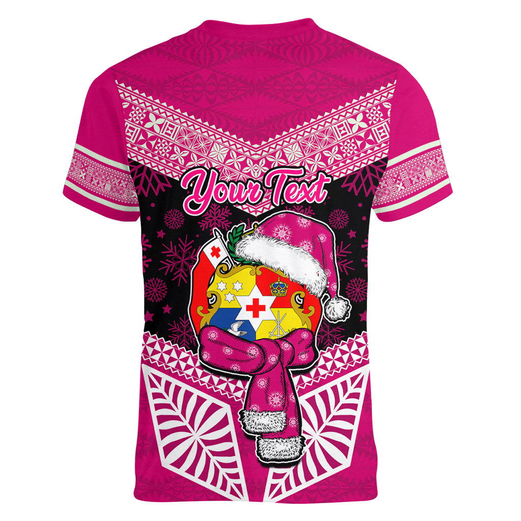 Personalised Tonga Christmas Women V Neck T Shirt Tongan Coat of Arms Santa With Ngatu Pattern Christmas Pink Style LT03 - Polynesian Pride