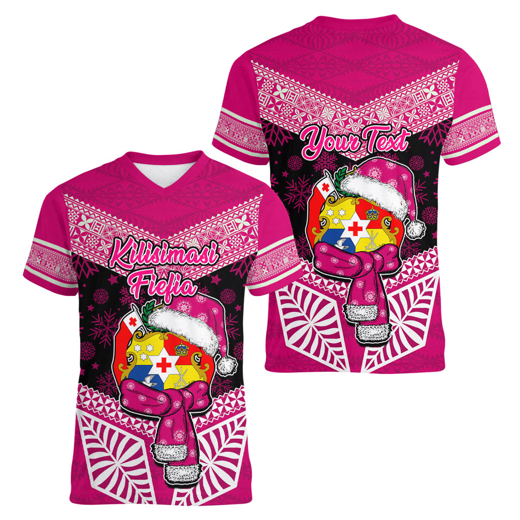 Personalised Tonga Christmas Women V Neck T Shirt Tongan Coat of Arms Santa With Ngatu Pattern Christmas Pink Style LT03 - Polynesian Pride