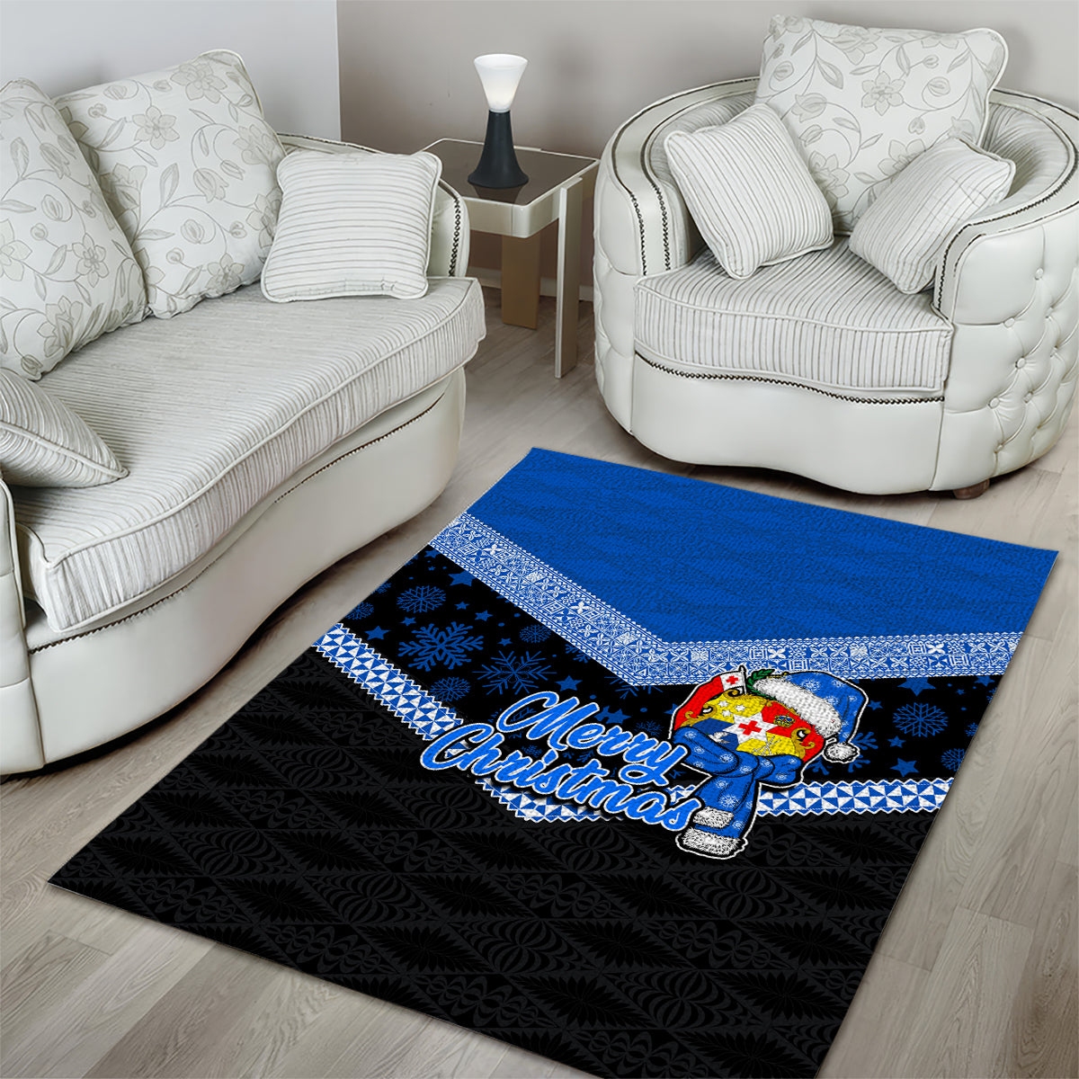 Tonga Christmas Area Rug Tongan Coat of Arms Santa With Ngatu Pattern Christmas Blue Style LT03 - Polynesian Pride