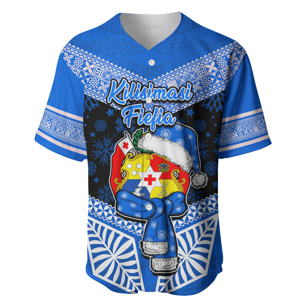 Tonga Christmas Baseball Jersey Tongan Coat of Arms Santa With Ngatu Pattern Christmas Blue Style LT03 Blue - Polynesian Pride