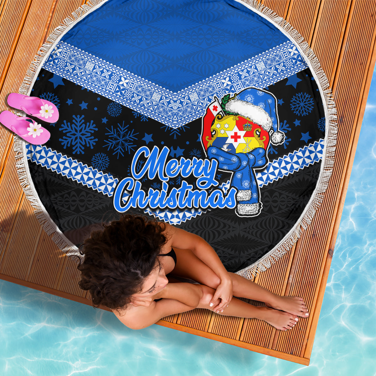 Tonga Christmas Beach Blanket Tongan Coat of Arms Santa With Ngatu Pattern Christmas Blue Style LT03 - Wonder Print Shop