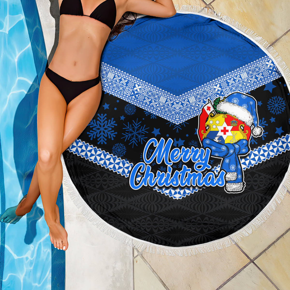Tonga Christmas Beach Blanket Tongan Coat of Arms Santa With Ngatu Pattern Christmas Blue Style LT03 - Wonder Print Shop