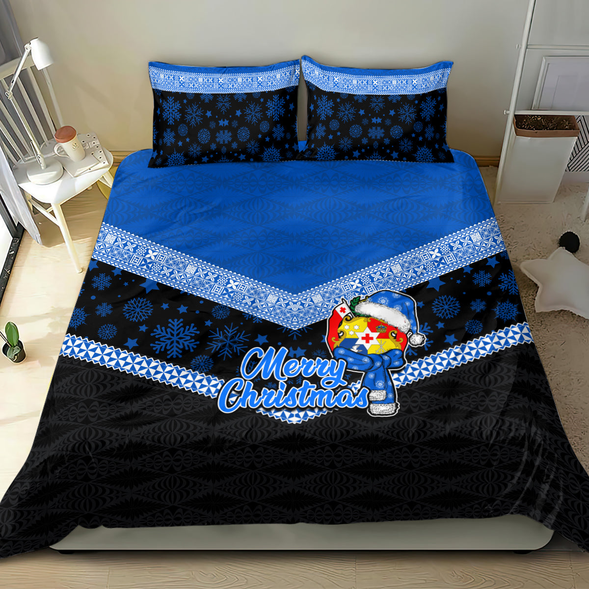 Tonga Christmas Bedding Set Tongan Coat of Arms Santa With Ngatu Pattern Christmas Blue Style LT03 - Polynesian Pride