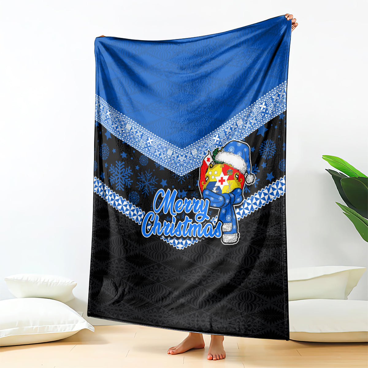 Tonga Christmas Blanket Tongan Coat of Arms Santa With Ngatu Pattern Christmas Blue Style LT03 Blue - Polynesian Pride