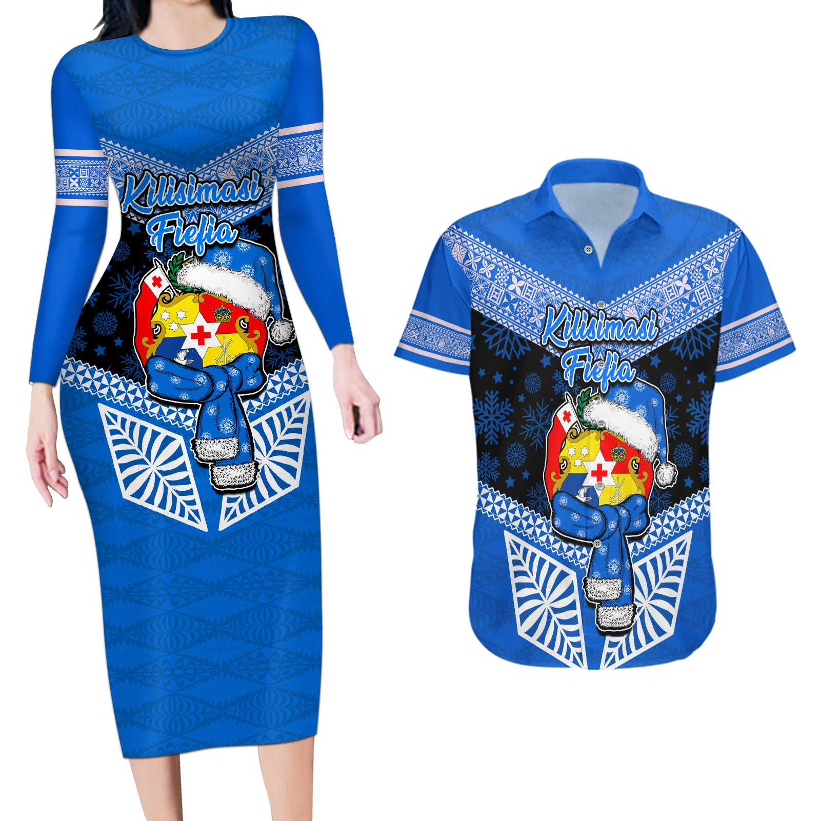 Tonga Christmas Couples Matching Long Sleeve Bodycon Dress and Hawaiian Shirt Tongan Coat of Arms Santa With Ngatu Pattern Christmas Blue Style LT03 Blue - Polynesian Pride