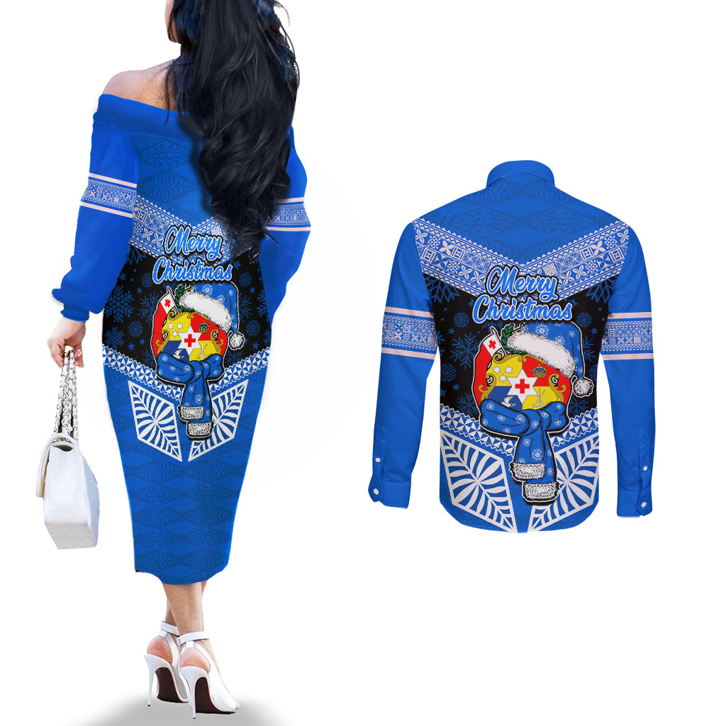 Tonga Christmas Couples Matching Off The Shoulder Long Sleeve Dress and Long Sleeve Button Shirts Tongan Coat of Arms Santa With Ngatu Pattern Christmas Blue Style LT03 - Polynesian Pride