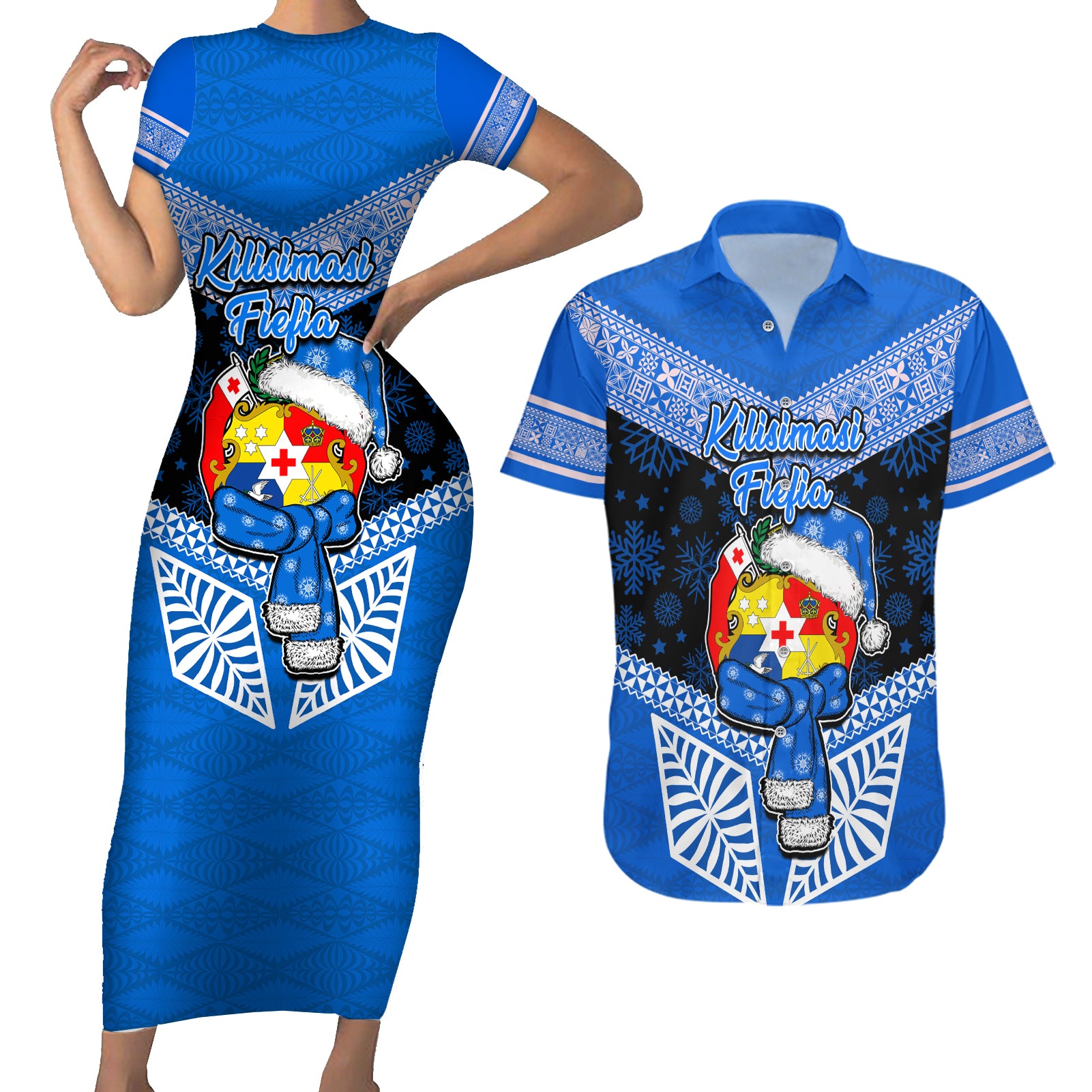 Tonga Christmas Couples Matching Short Sleeve Bodycon Dress and Hawaiian Shirt Tongan Coat of Arms Santa With Ngatu Pattern Christmas Blue Style LT03 Blue - Polynesian Pride