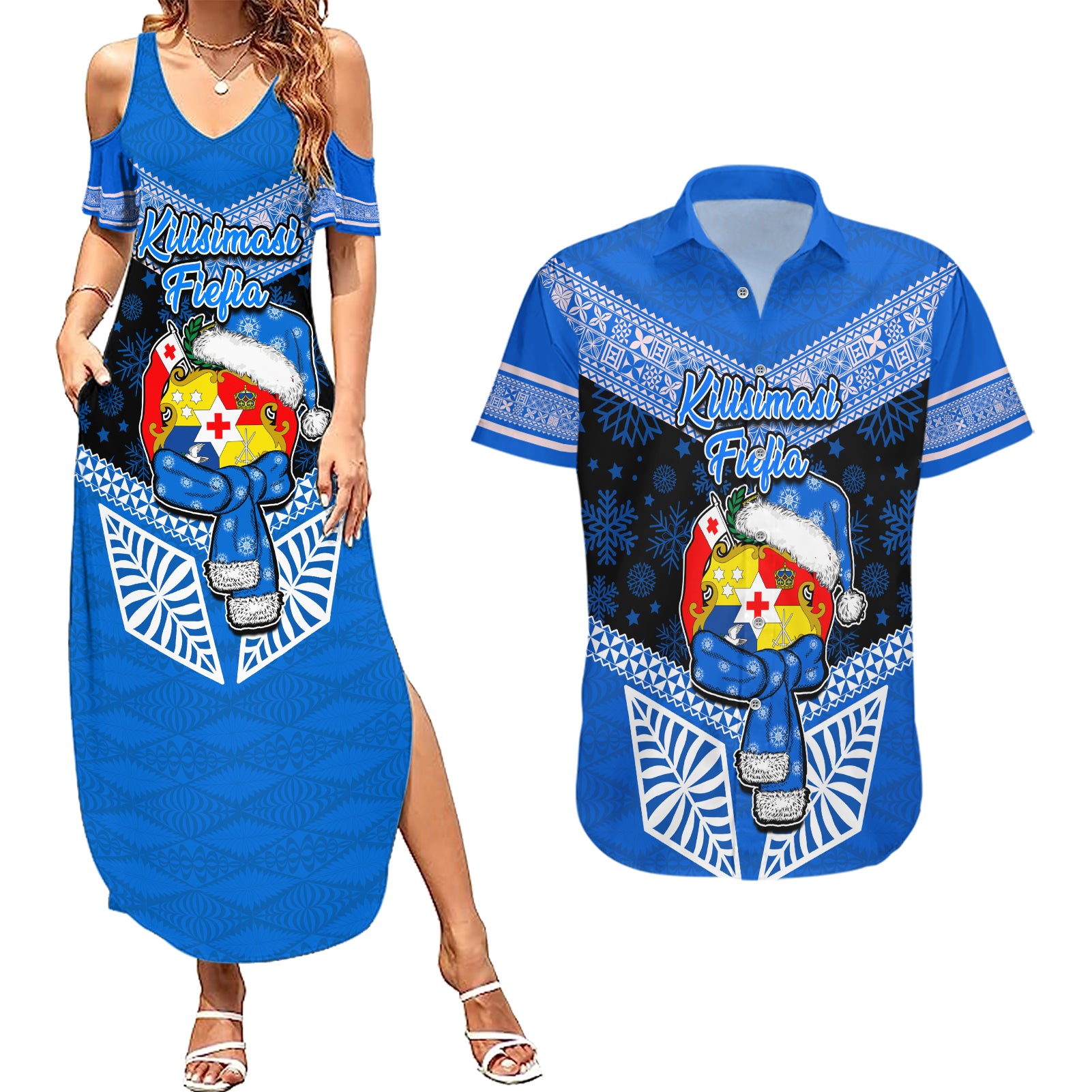 Tonga Christmas Couples Matching Summer Maxi Dress and Hawaiian Shirt Tongan Coat of Arms Santa With Ngatu Pattern Christmas Blue Style LT03 Blue - Polynesian Pride