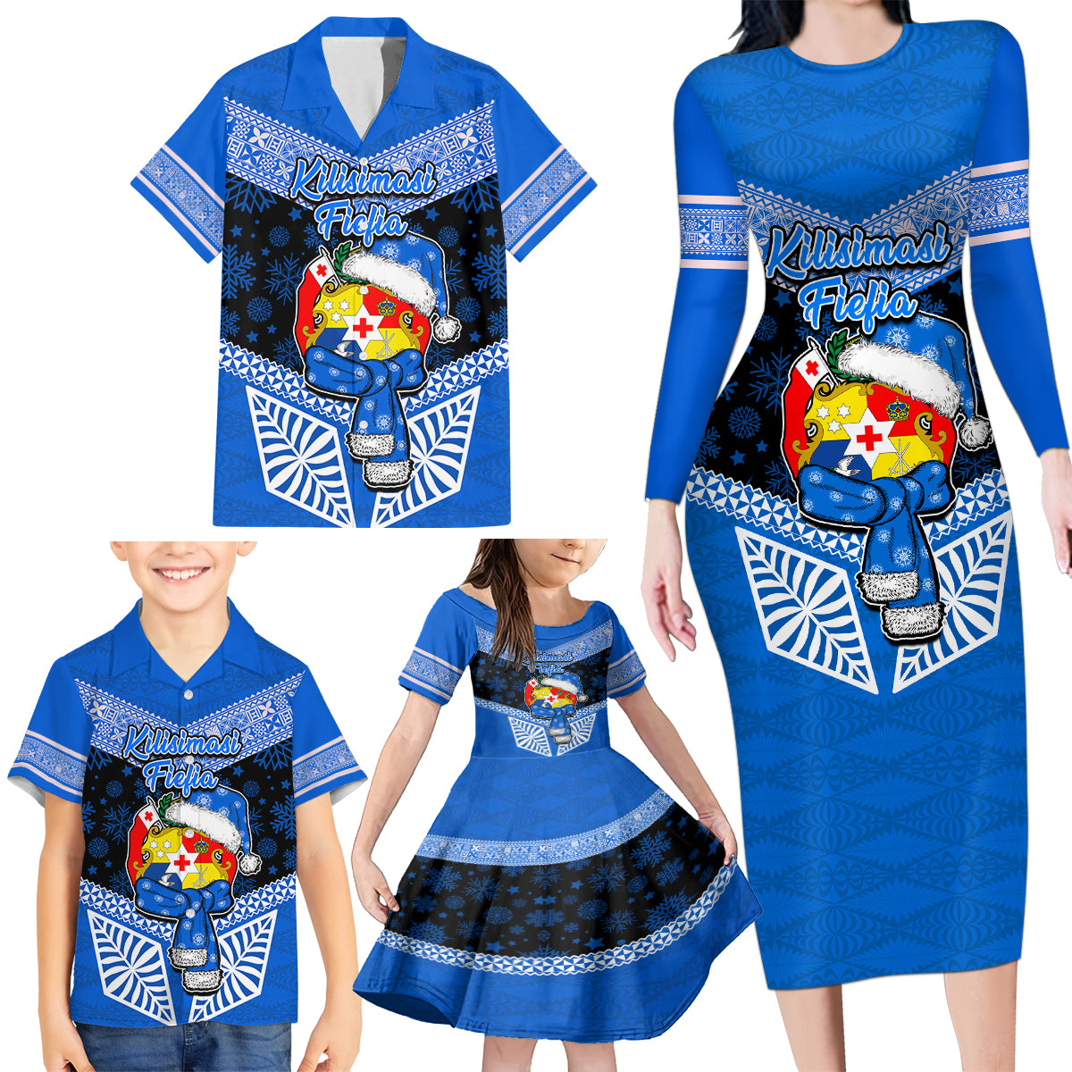 Tonga Christmas Family Matching Long Sleeve Bodycon Dress and Hawaiian Shirt Tongan Coat of Arms Santa With Ngatu Pattern Christmas Blue Style LT03 - Polynesian Pride