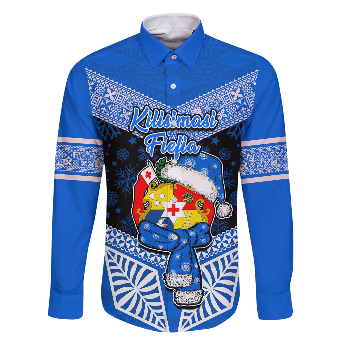 Tonga Christmas Family Matching Long Sleeve Bodycon Dress and Hawaiian Shirt Tongan Coat of Arms Santa With Ngatu Pattern Christmas Blue Style LT03 Dad's Shirt - Long Sleeve Blue - Polynesian Pride