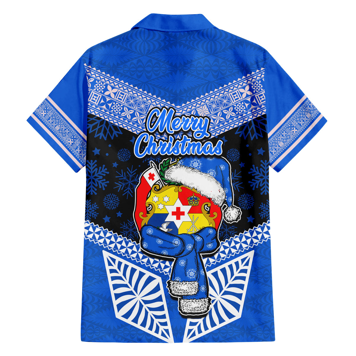Tonga Christmas Family Matching Off Shoulder Long Sleeve Dress and Hawaiian Shirt Tongan Coat of Arms Santa With Ngatu Pattern Christmas Blue Style LT03 - Polynesian Pride
