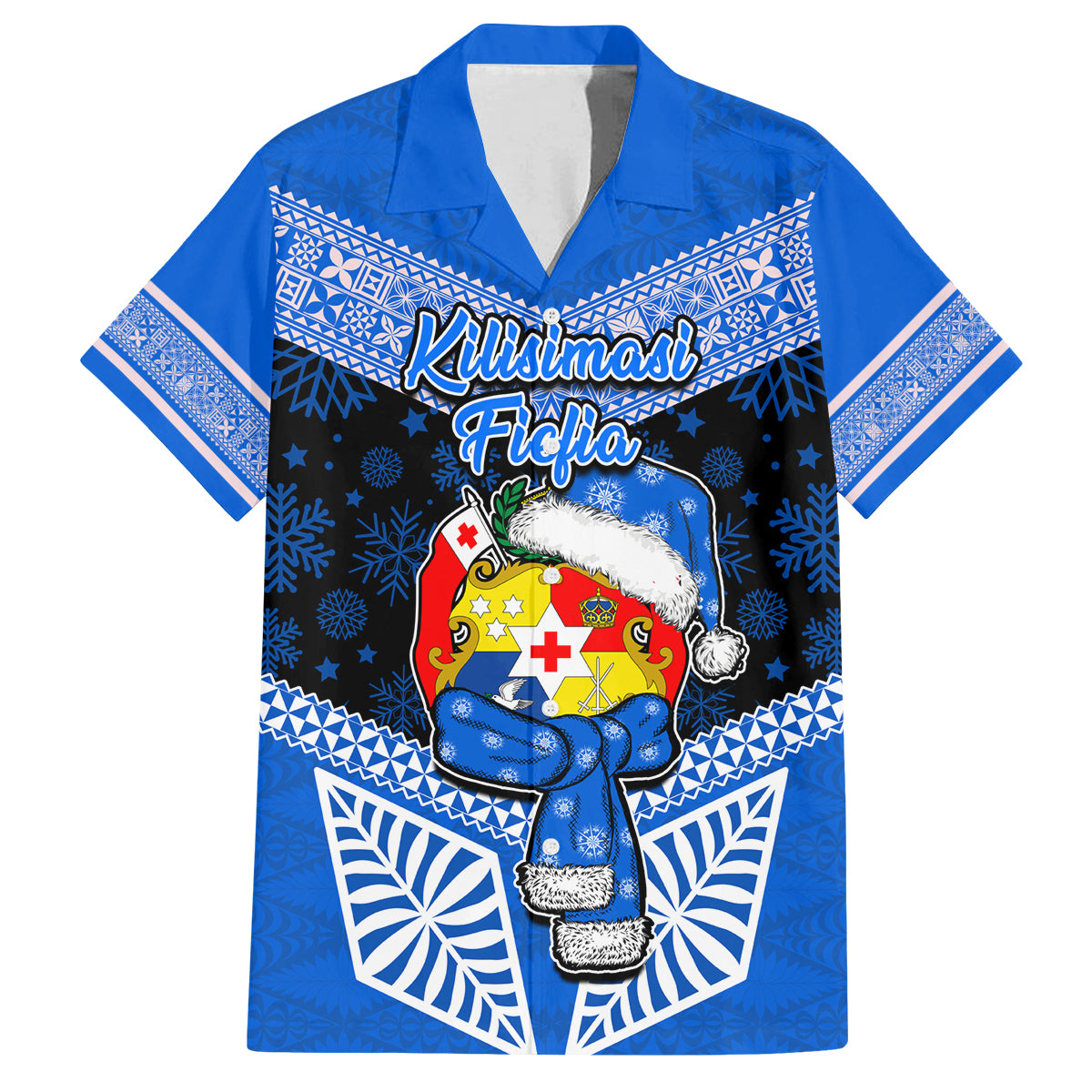 Tonga Christmas Family Matching Off Shoulder Maxi Dress and Hawaiian Shirt Tongan Coat of Arms Santa With Ngatu Pattern Christmas Blue Style LT03 Dad's Shirt - Short Sleeve Blue - Polynesian Pride